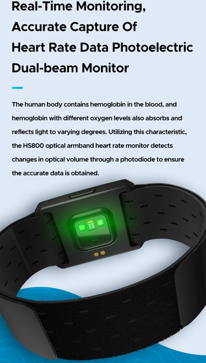 Black Hlpmedical optical armband heart rate monitor with Bluetooth and ANT+, IP67 waterproof for fitness training and exercise.