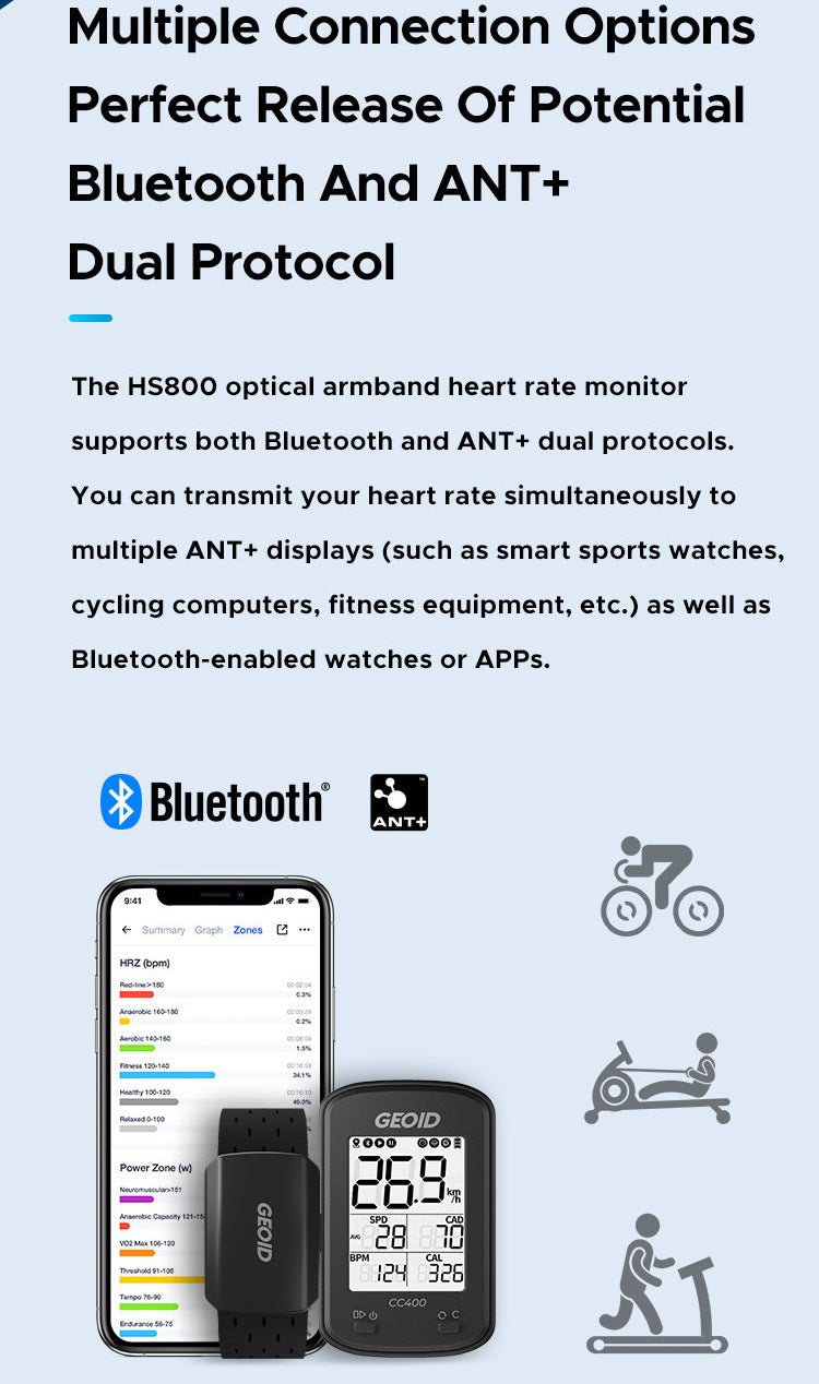 Black optical armband heart rate monitor by Hlpmedical with Bluetooth and ANT+, waterproof IP67, for fitness training.