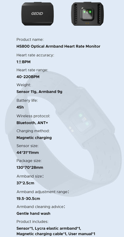 Hlpmedical optical armband heart rate monitor in black with Bluetooth and ANT+, waterproof IP67, for fitness training and exercise.