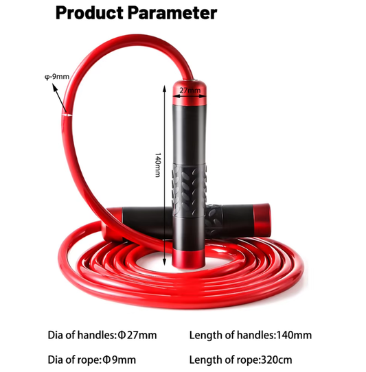 Red weighted jump rope with thick 9mm cable for fitness, strength, and cardio workouts, designed for intense exercise routines.
