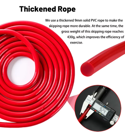Red weighted jump rope with thick 9mm cable for intense fitness, strength, and cardio workouts from Hlpmedical.