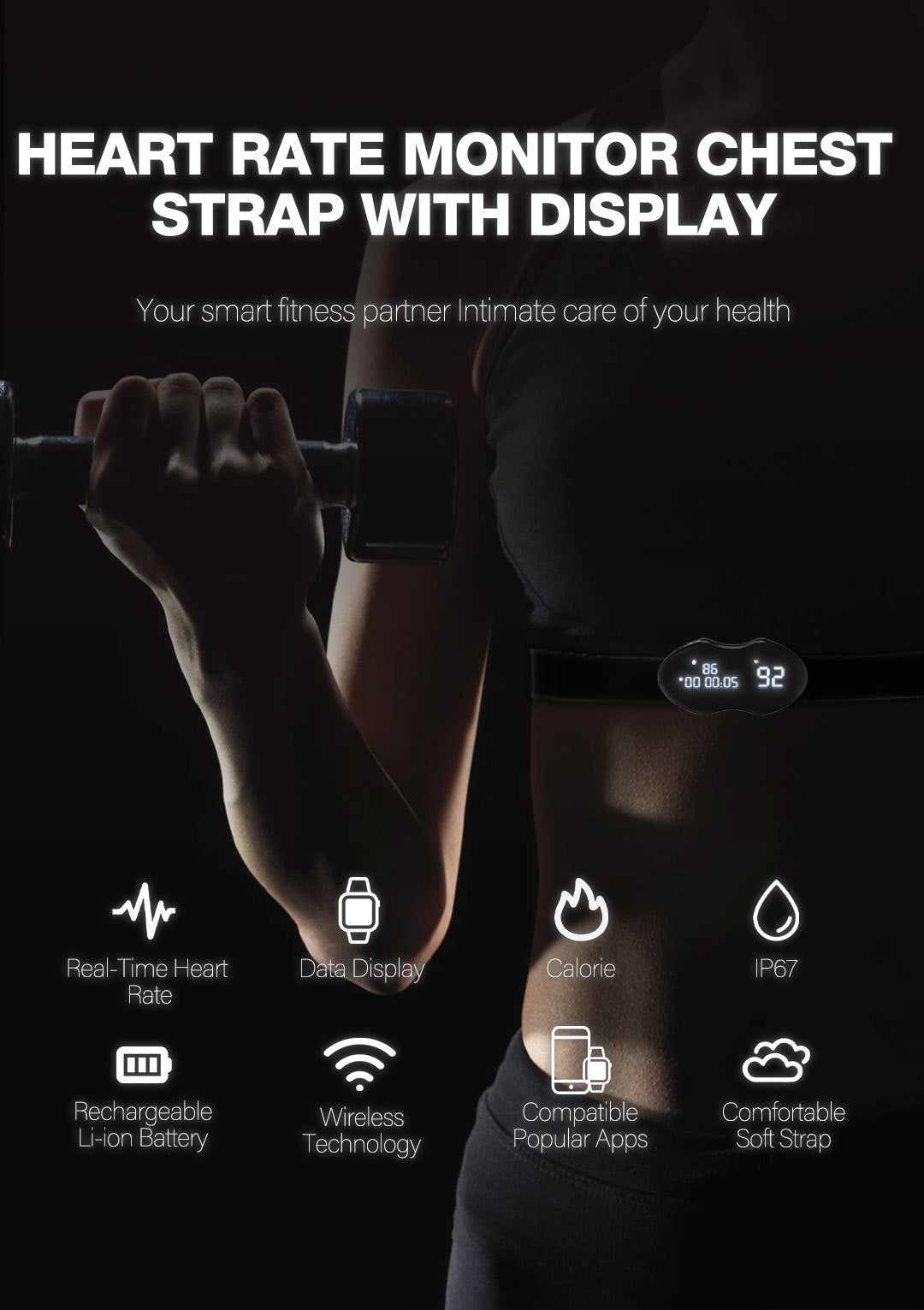 Black Hlpmedical fitness heart rate monitor chest strap with data display, waterproof IP67, rechargeable, compatible with BLE and ANT+ systems.