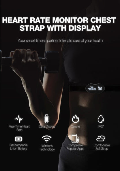 Black Hlpmedical fitness heart rate monitor chest strap with data display, waterproof IP67, rechargeable, compatible with BLE and ANT+ systems.