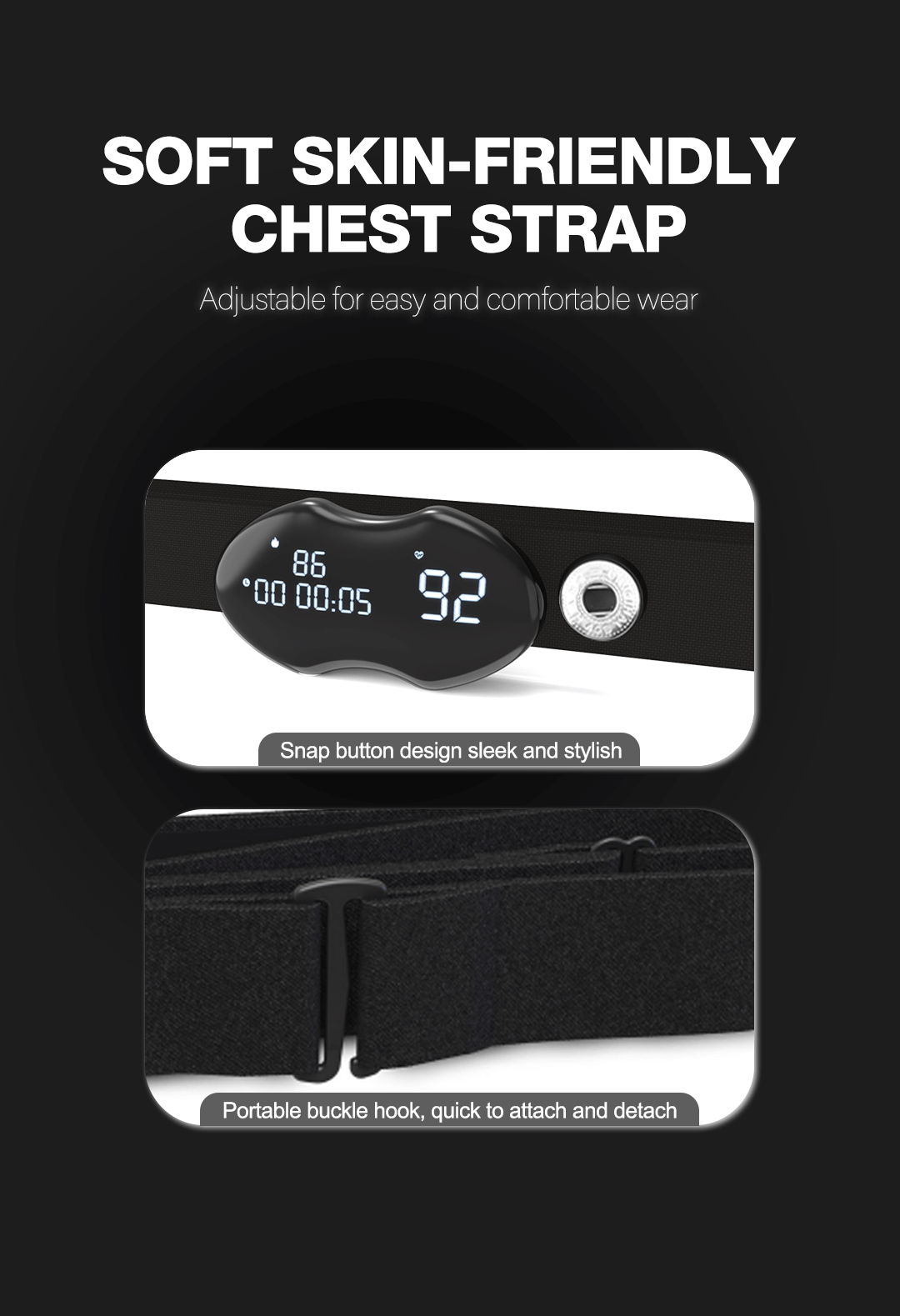 Black Hlpmedical smart fitness heart rate monitor chest strap with data display, waterproof IP67, rechargeable, Bluetooth and ANT+ compatible.