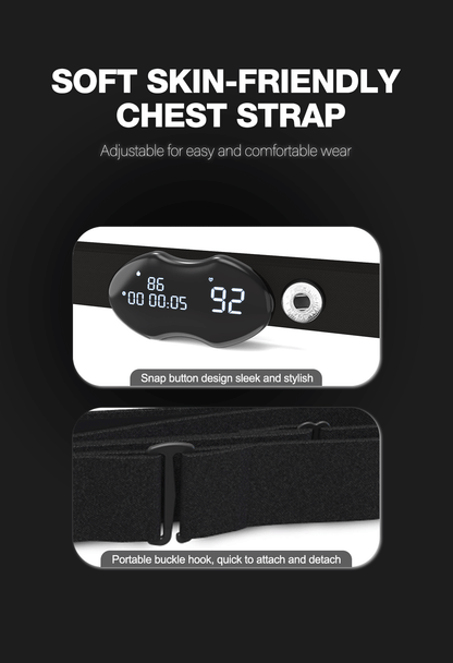 Black Hlpmedical smart fitness heart rate monitor chest strap with data display, waterproof IP67, rechargeable, Bluetooth and ANT+ compatible.