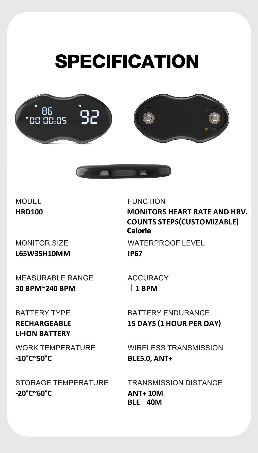 Black Hlpmedical smart fitness heart rate monitor chest strap with data display, waterproof IP67, rechargeable, compatible with BLE & ANT+