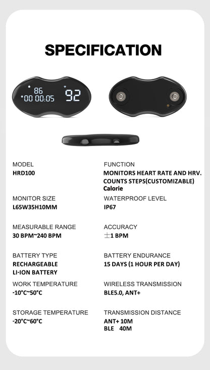 Black Hlpmedical smart fitness heart rate monitor chest strap with data display, waterproof IP67, rechargeable, compatible with BLE & ANT+