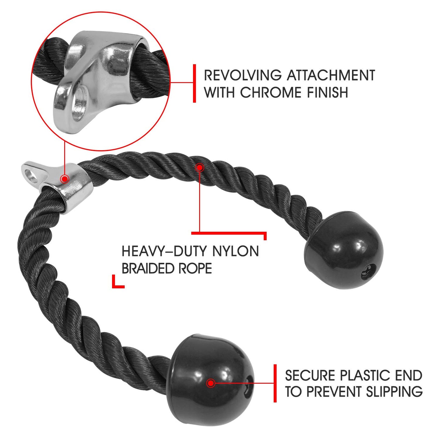Hlpmedical tricep rope attachment for gym pulley systems, used for pull-down exercises on cable machine in fitness training.