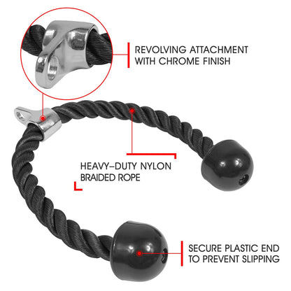 Hlpmedical tricep rope attachment for gym pulley systems, used for pull-down exercises on cable machine in fitness training.
