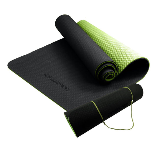 Black and green Powertrain TPE yoga exercise mat by Hlpmedical, 8mm thick, ideal for Pilates, gym, and fitness workouts.