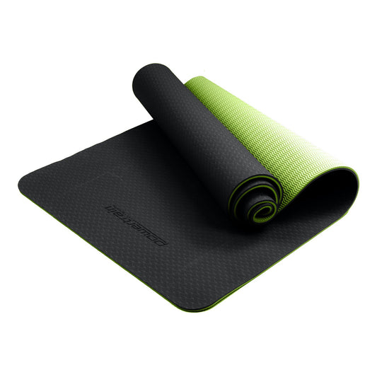 Black and green Powertrain TPE yoga exercise mat by Hlpmedical, 8mm thick for home gym Pilates and fitness workouts.