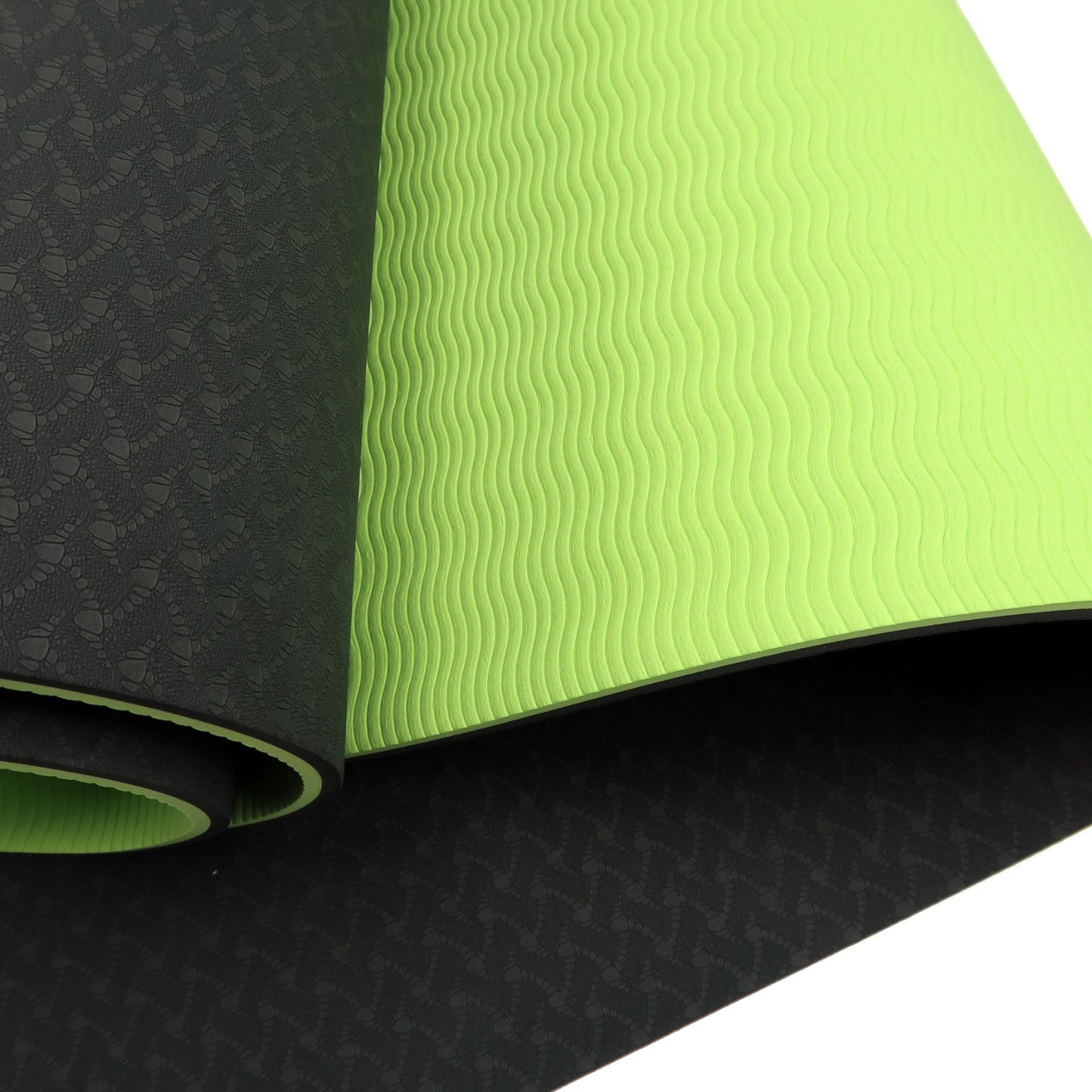 Black and green Powertrain TPE yoga exercise mat, 8mm thick, ideal for home gym, Pilates, and fitness workouts.