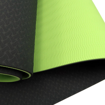 Black and green Powertrain TPE yoga exercise mat, 8mm thick, ideal for home gym, Pilates, and fitness workouts.