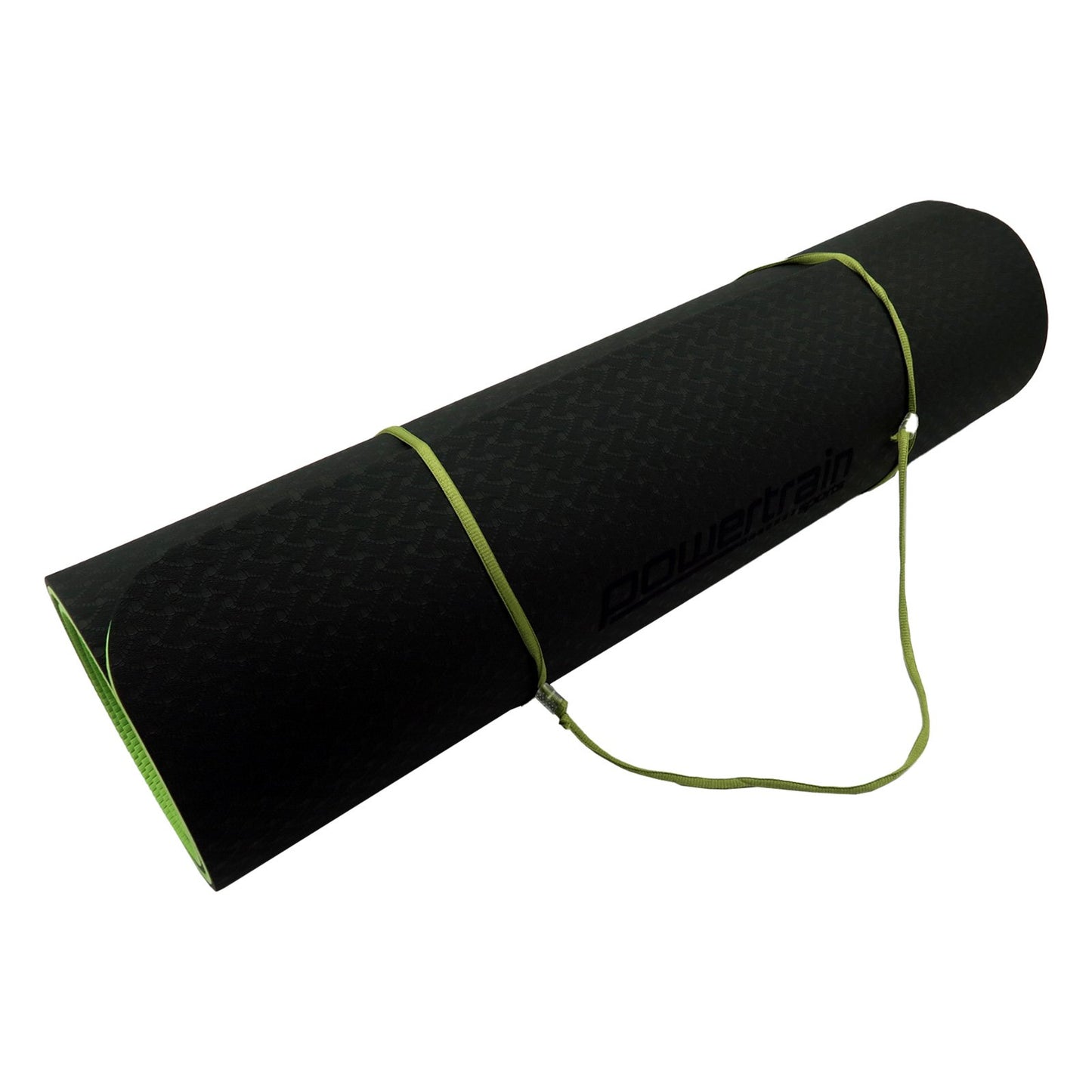 Black and green Powertrain TPE yoga exercise mat for home gym and Pilates, 8mm thick, suitable for gymnastics and fitness workouts.