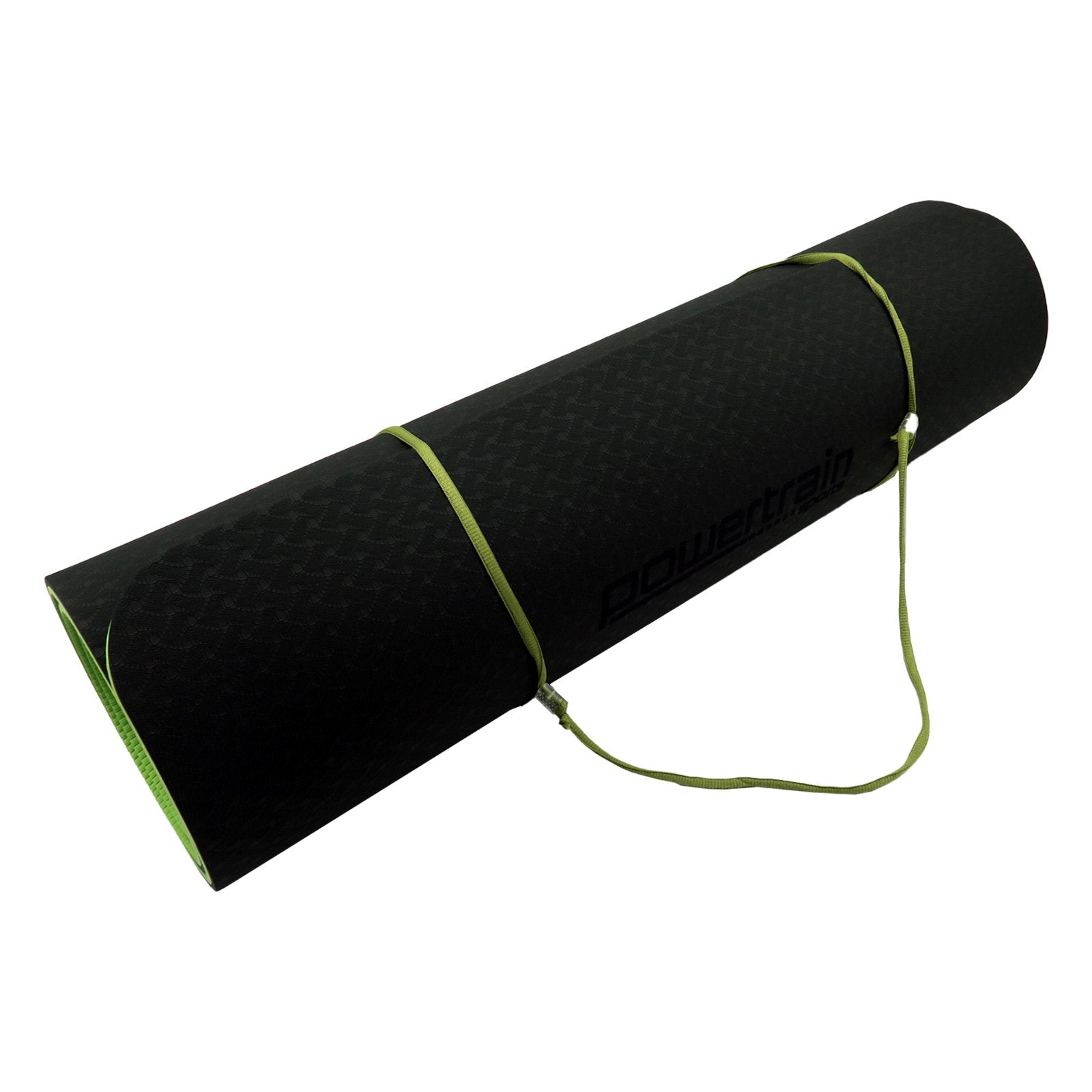 Black and green Powertrain TPE yoga exercise mat for home gym and Pilates, 8mm thick, suitable for gymnastics and fitness workouts.