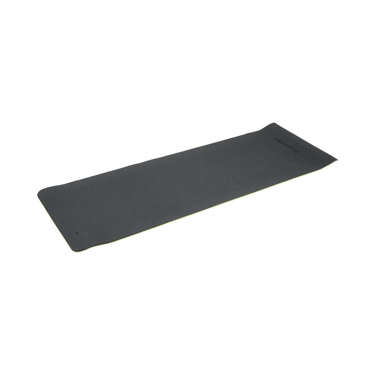 Black and green Powertrain TPE yoga exercise mat by Hlpmedical, 8mm thick, ideal for home gym Pilates and fitness workouts.