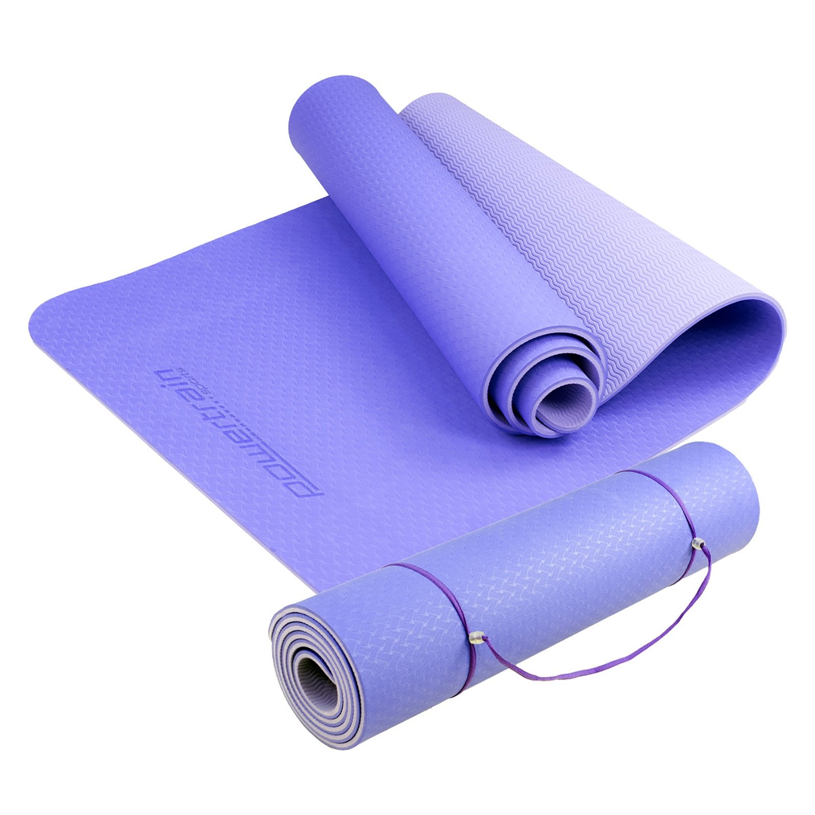 Light purple Powertrain TPE yoga exercise mat by Hlpmedical, 8mm thick for home gym Pilates and fitness workouts.