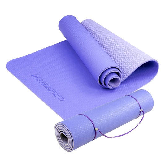 Light purple Powertrain TPE yoga exercise mat by Hlpmedical, 8mm thick for Pilates and home gym workouts.