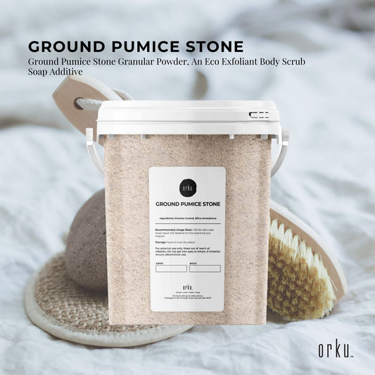 Hlpmedical 1.3kg ground pumice stone granular powder for exfoliation, body scrub, and soap additive in a tub.