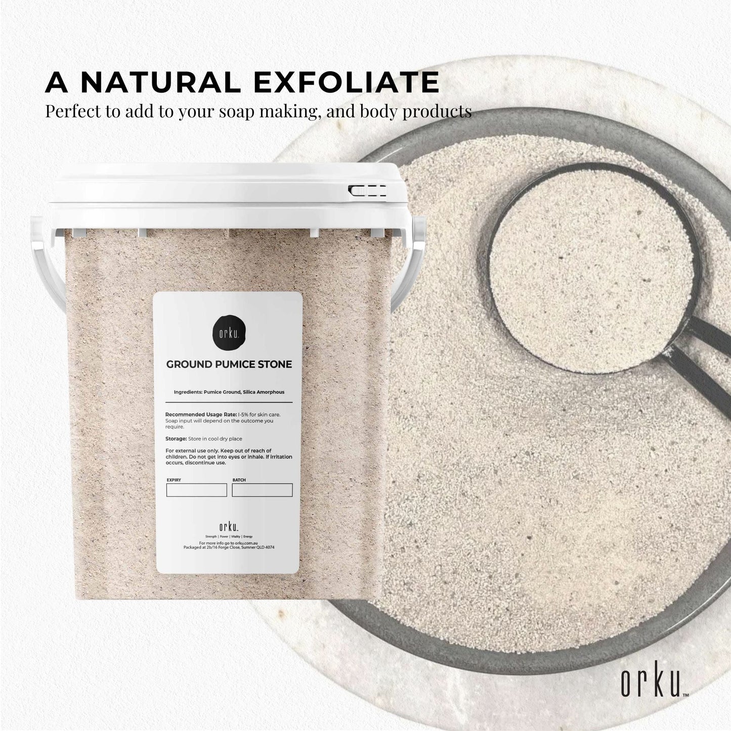 Ground pumice stone granular powder in a tub, used as an exfoliant body scrub additive for fitness and skincare routines.