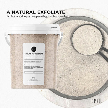 Ground pumice stone granular powder in a tub, used as an exfoliant body scrub additive for fitness and skincare routines.