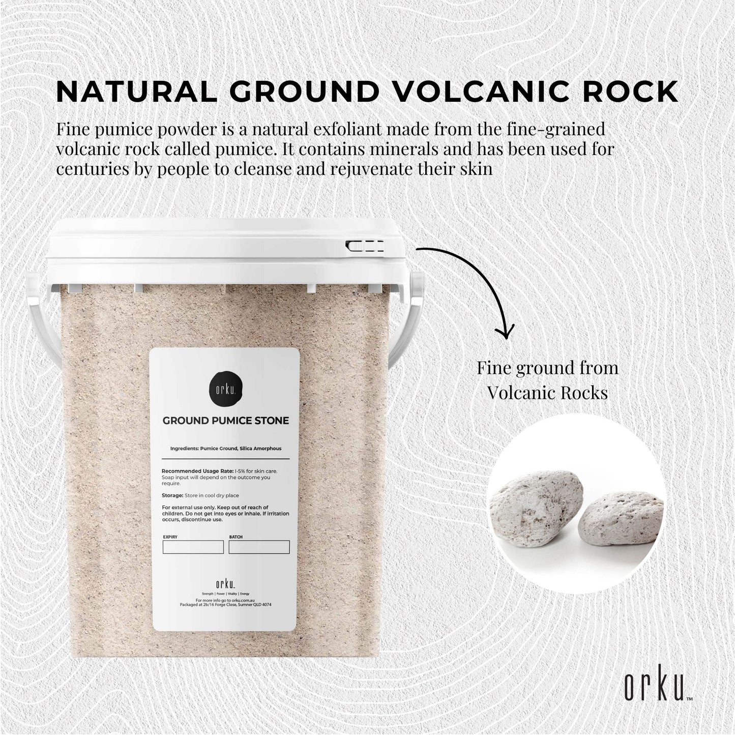 Ground pumice stone granular powder in a tub, used as an exfoliant body scrub soap additive for skincare and fitness routines.