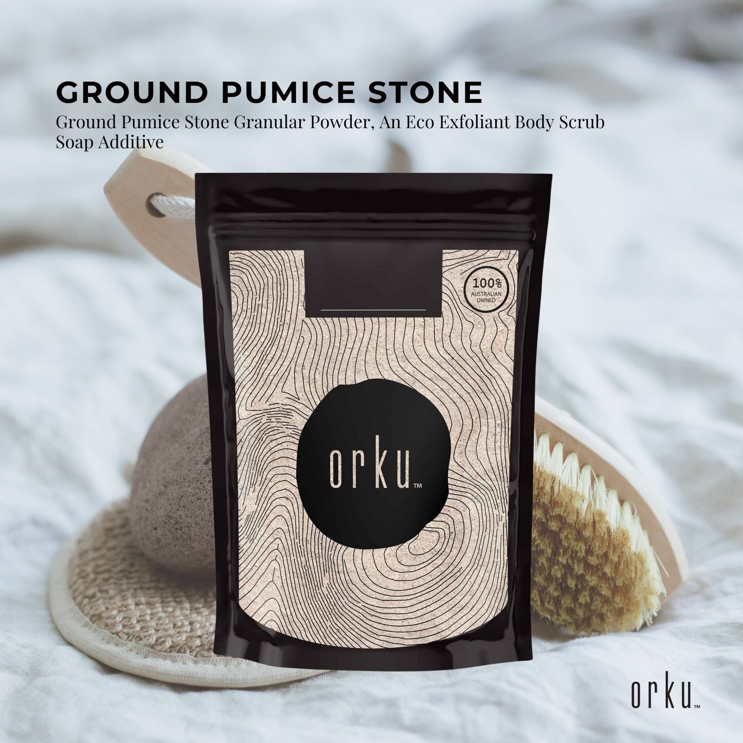 Ground pumice stone granular powder for body exfoliation, eco-friendly scrub additive, by Hlpmedical for fitness and skincare.
