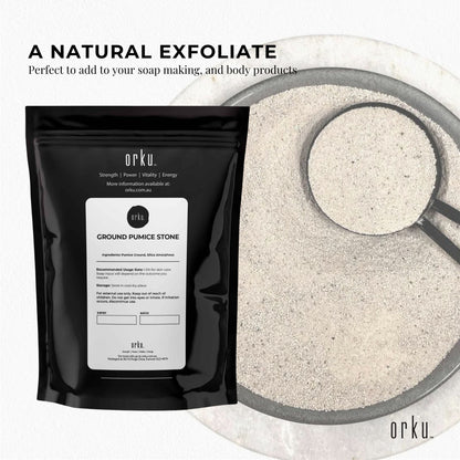 Ground pumice stone granular powder for eco-friendly body scrub and exfoliant, used as soap additive for smooth skin.