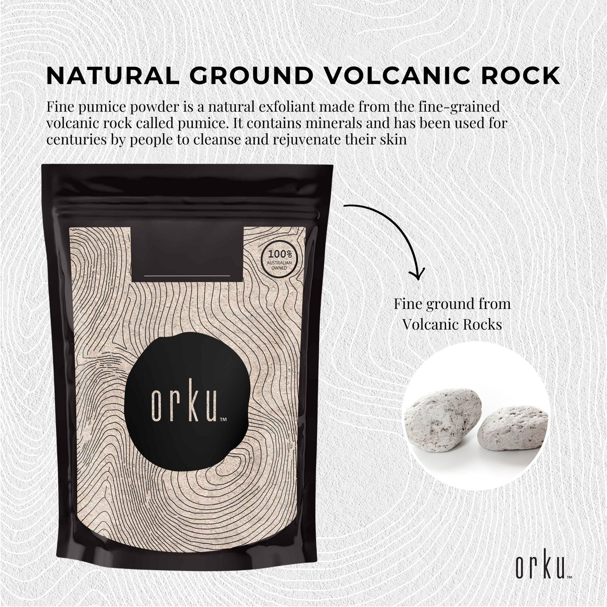 Ground pumice stone granular powder for exfoliating body scrub and soap additive, eco-friendly and natural skincare product.