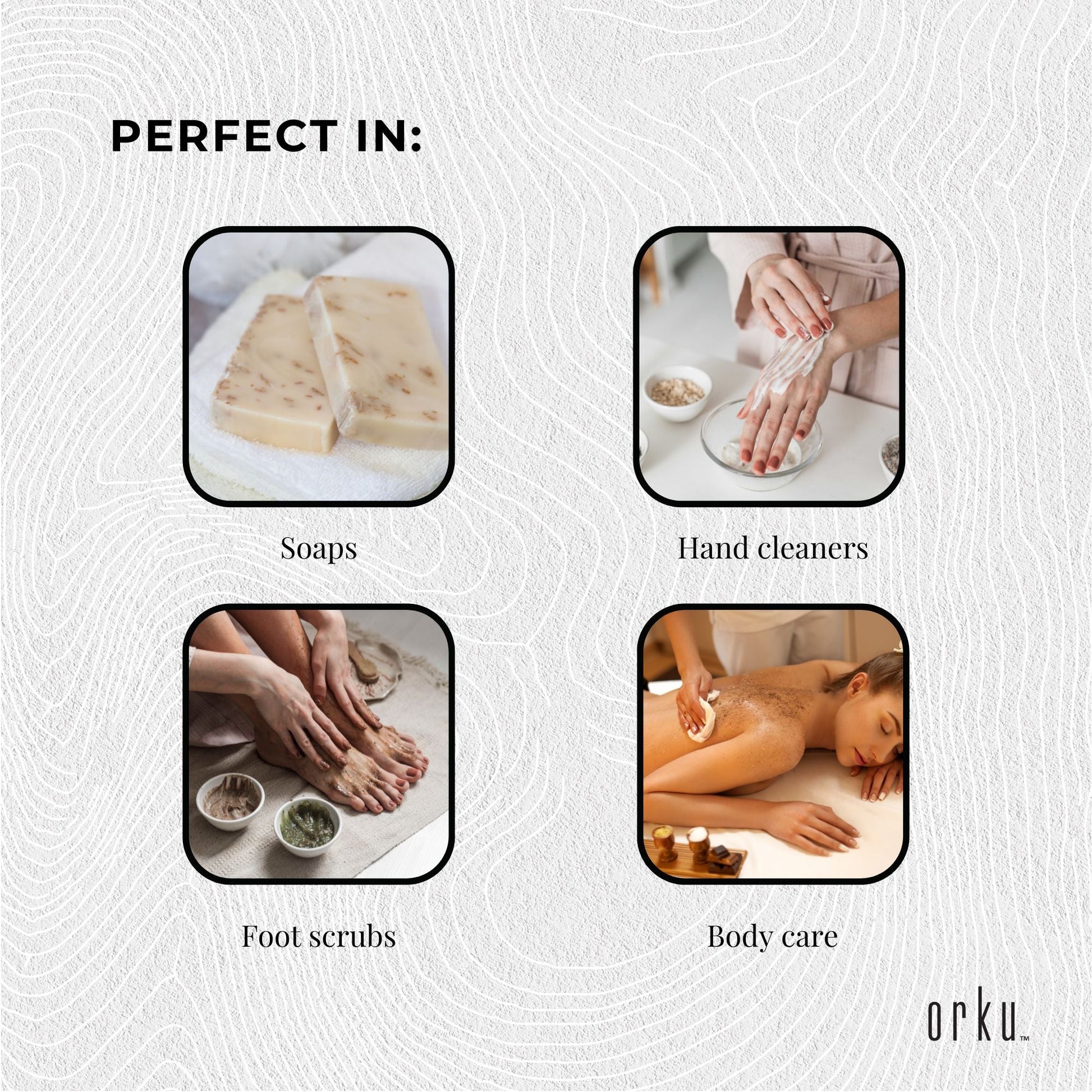 Ground pumice stone granular powder for exfoliating body scrub, shown with natural pumice texture in eco-friendly packaging.