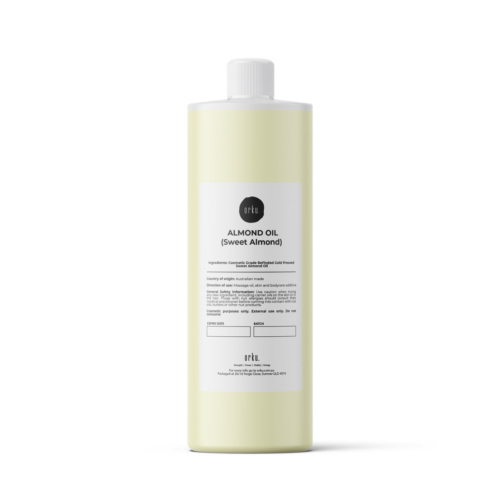 Refined 1L Sweet Almond Oil by Hlpmedical, suitable for skin, face, and hair massage, in a clear bottle with a white cap.