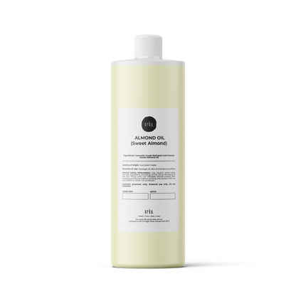 Refined 1L Sweet Almond Oil by Hlpmedical, suitable for skin, face, and hair massage, in a clear bottle with a white cap.