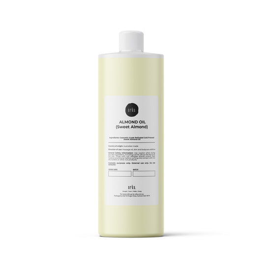 Refined 1L Sweet Almond Oil by Hlpmedical, suitable for skin, face, and hair massage, in a clear bottle with a white cap.