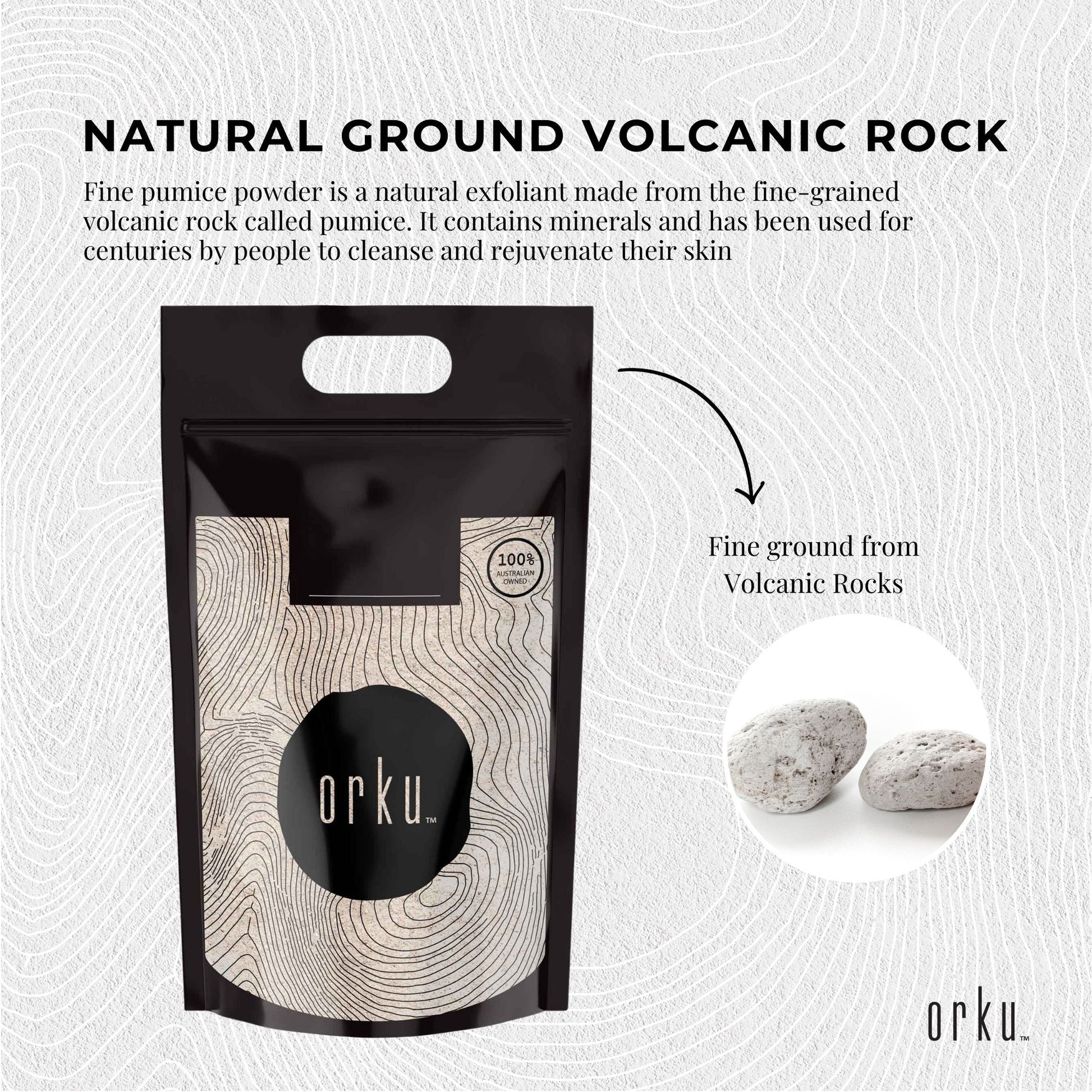 Ground pumice stone granular powder for body exfoliation, eco-friendly scrub additive, from Hlpmedical for fitness and skincare use.