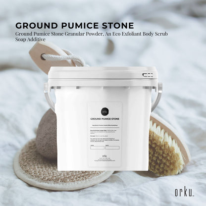 5kg ground pumice stone granular powder for body exfoliation, shown in a tub, ideal for scrub and skin smoothing.
