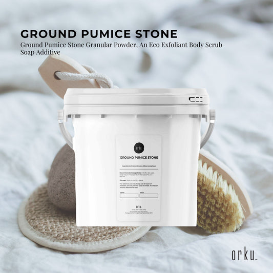 5kg ground pumice stone granular powder for body exfoliation, shown in a tub, ideal for scrub and skin smoothing.