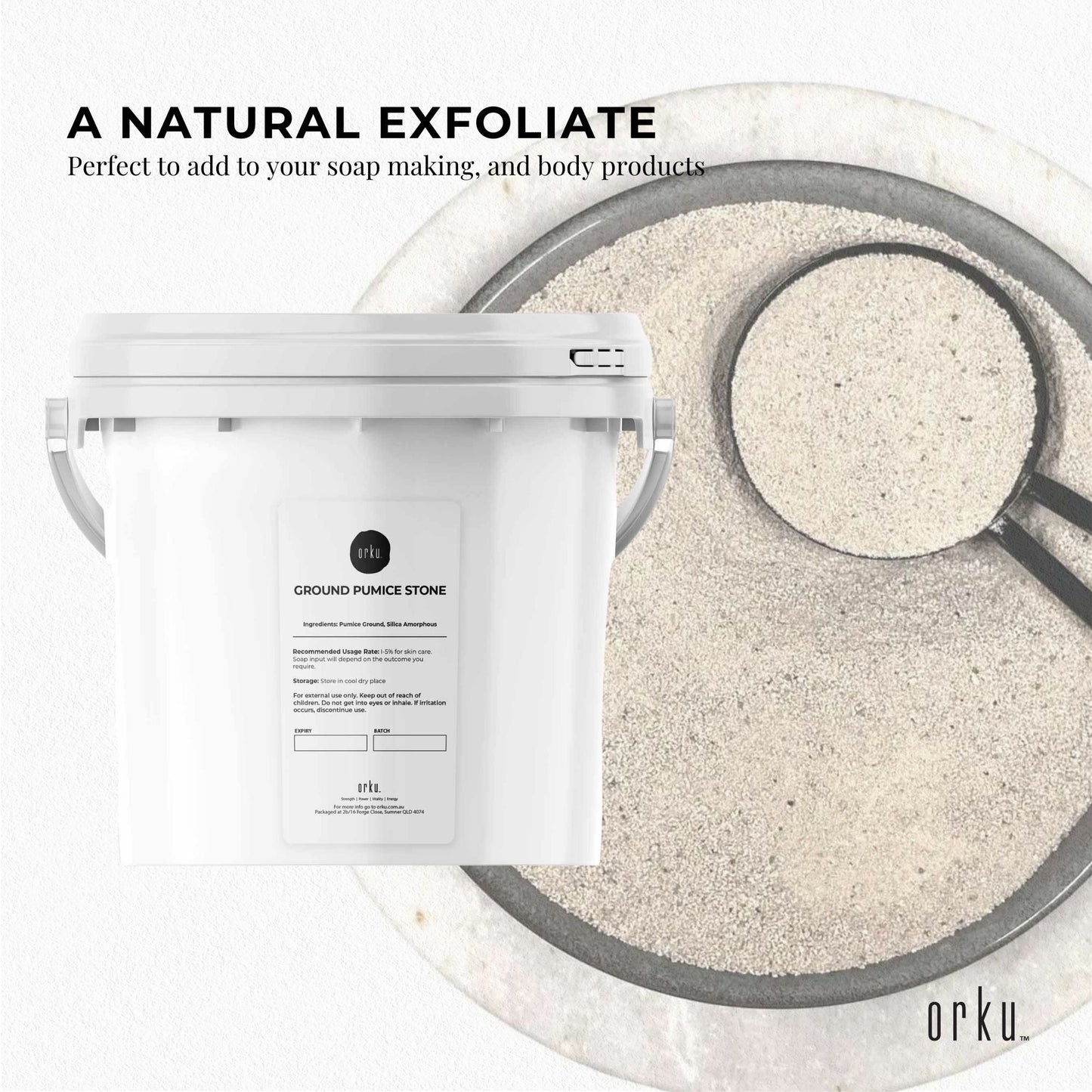 Hlpmedical 5kg ground pumice stone granular powder tub for body exfoliation and scrub in a plastic container.