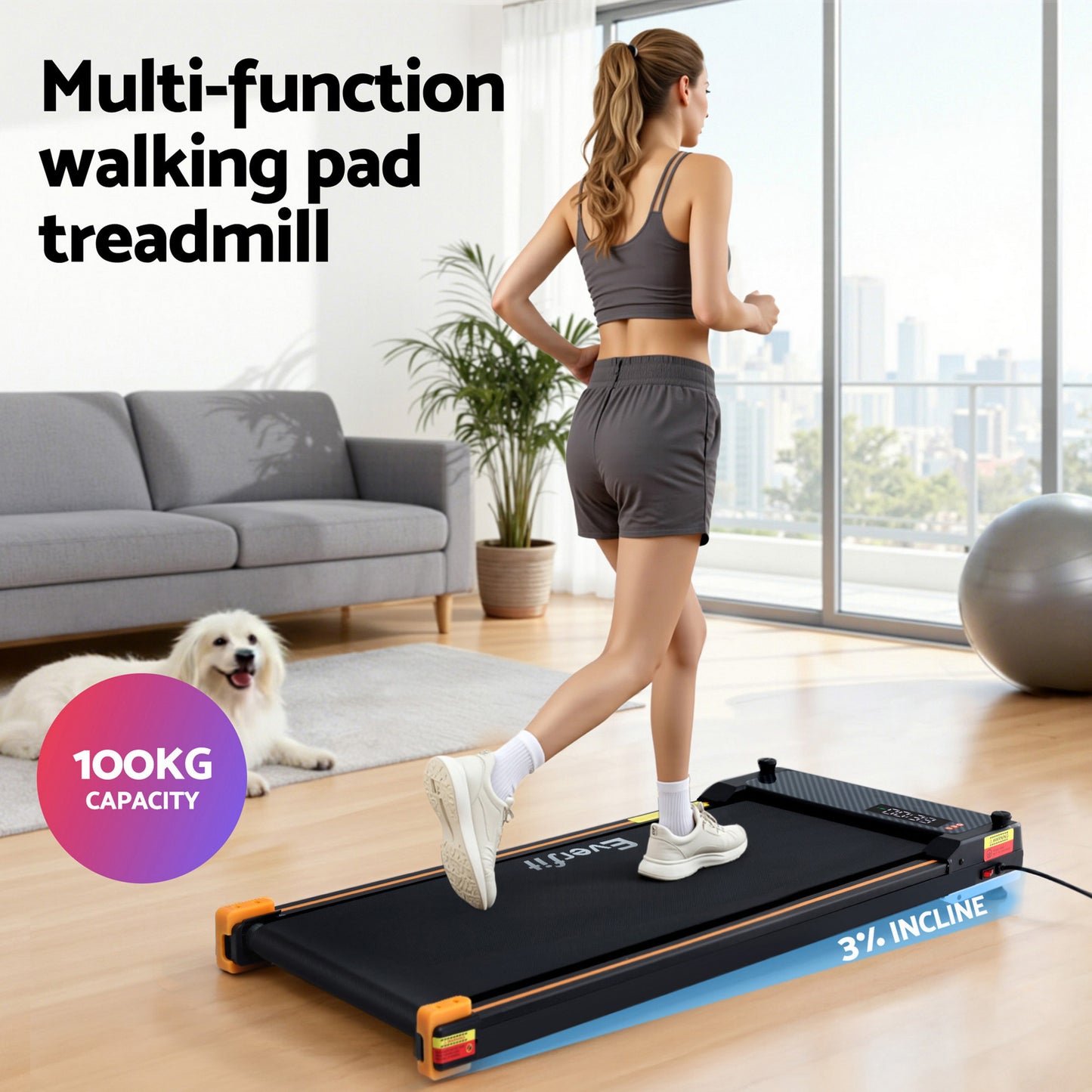 Everfit 2 Side Walking Pad Treadmill with massage function, black, compact fitness equipment for walking and exercise.