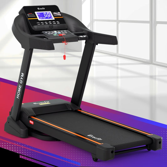 Everfit electric treadmill with auto incline for home gym fitness, showing running surface and control panel.