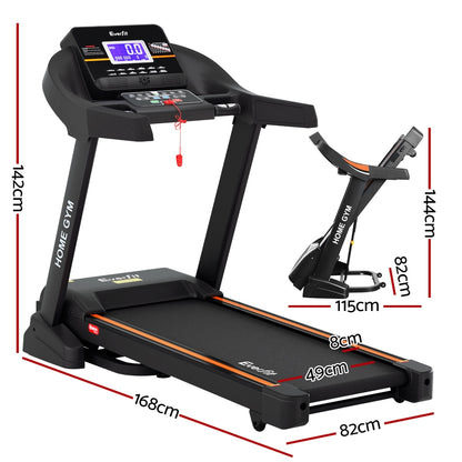 Everfit electric treadmill with auto incline for home gym, featuring a 490mm running surface and Hlpmedical branding.