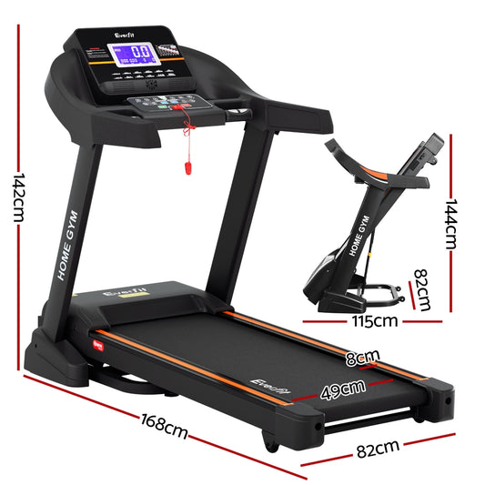 Everfit electric treadmill with auto incline for home gym, featuring a 490mm running surface and Hlpmedical branding.