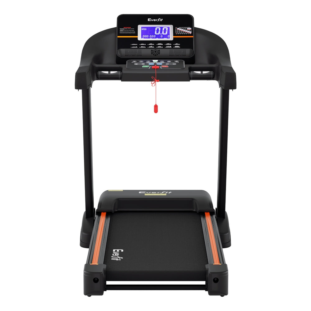 Everfit electric treadmill by Hlpmedical with auto incline for home gym workouts, showing running surface and control panel.