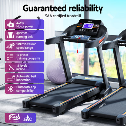 Everfit electric treadmill with auto incline for home gym fitness, featuring a 490mm wide running belt and digital display.