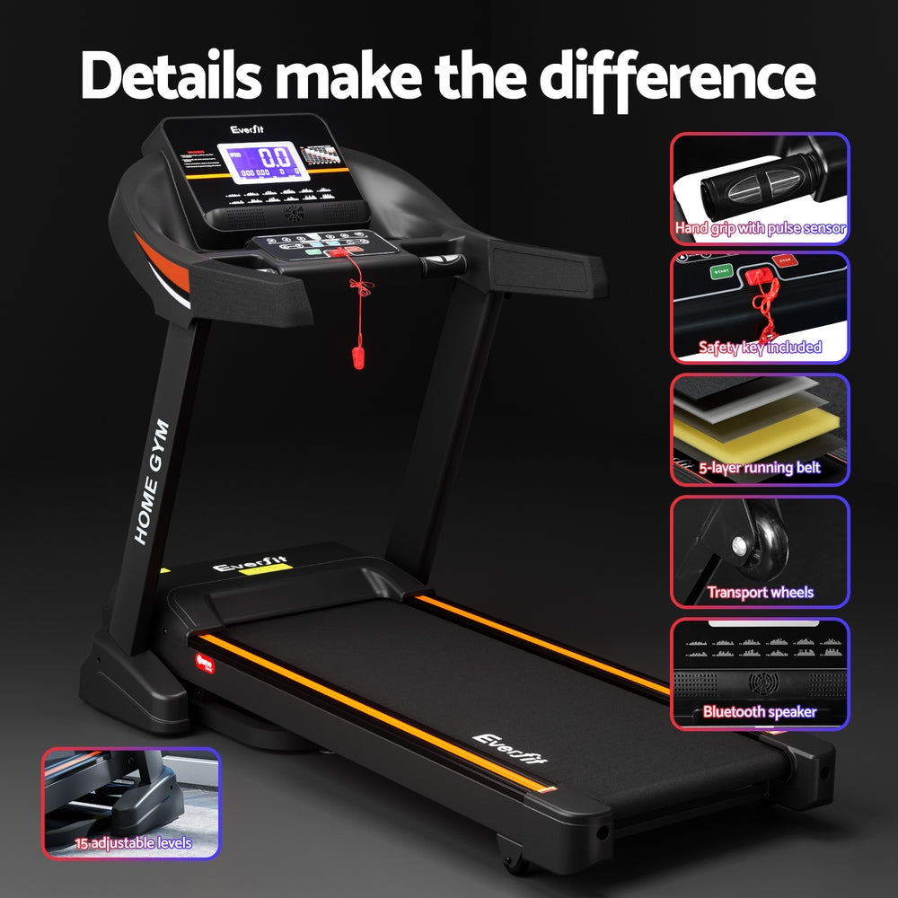 Hlpmedical Everfit electric treadmill with auto incline for home gym fitness, featuring a 490mm wide running belt.