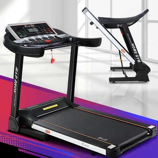 Everfit electric treadmill with auto-level incline for home gym fitness, featuring a 450mm wide running surface.