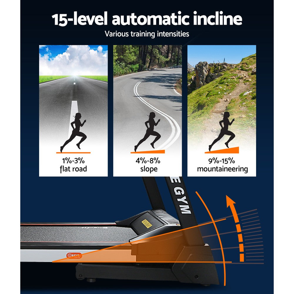 Everfit electric treadmill with auto-level incline, suitable for home gym fitness, featuring a 450mm running surface.