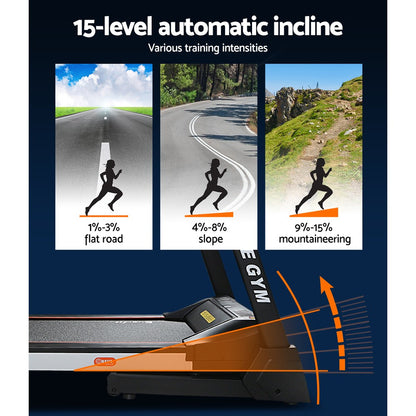 Everfit electric treadmill with auto-level incline, suitable for home gym fitness, featuring a 450mm running surface.