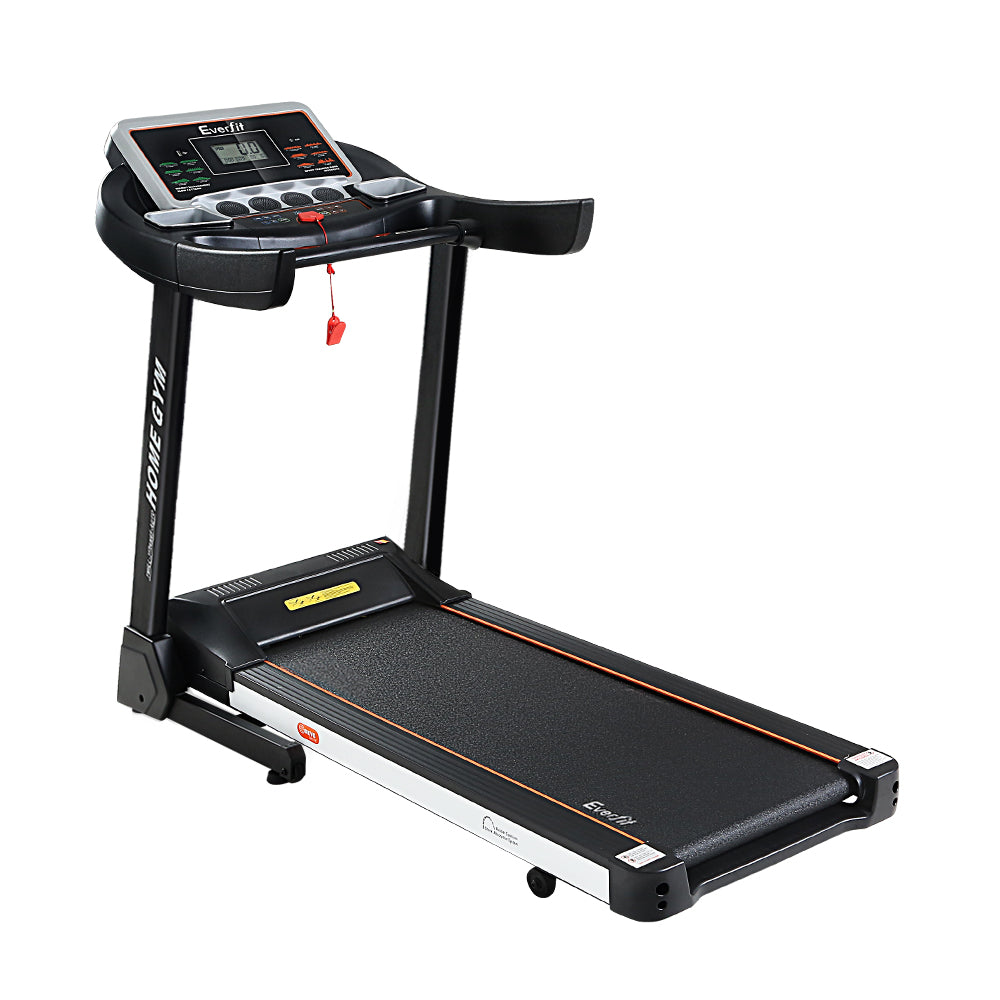 Everfit electric treadmill with auto-level incline for home gym exercise, featuring a 450mm running belt by Hlpmedical.