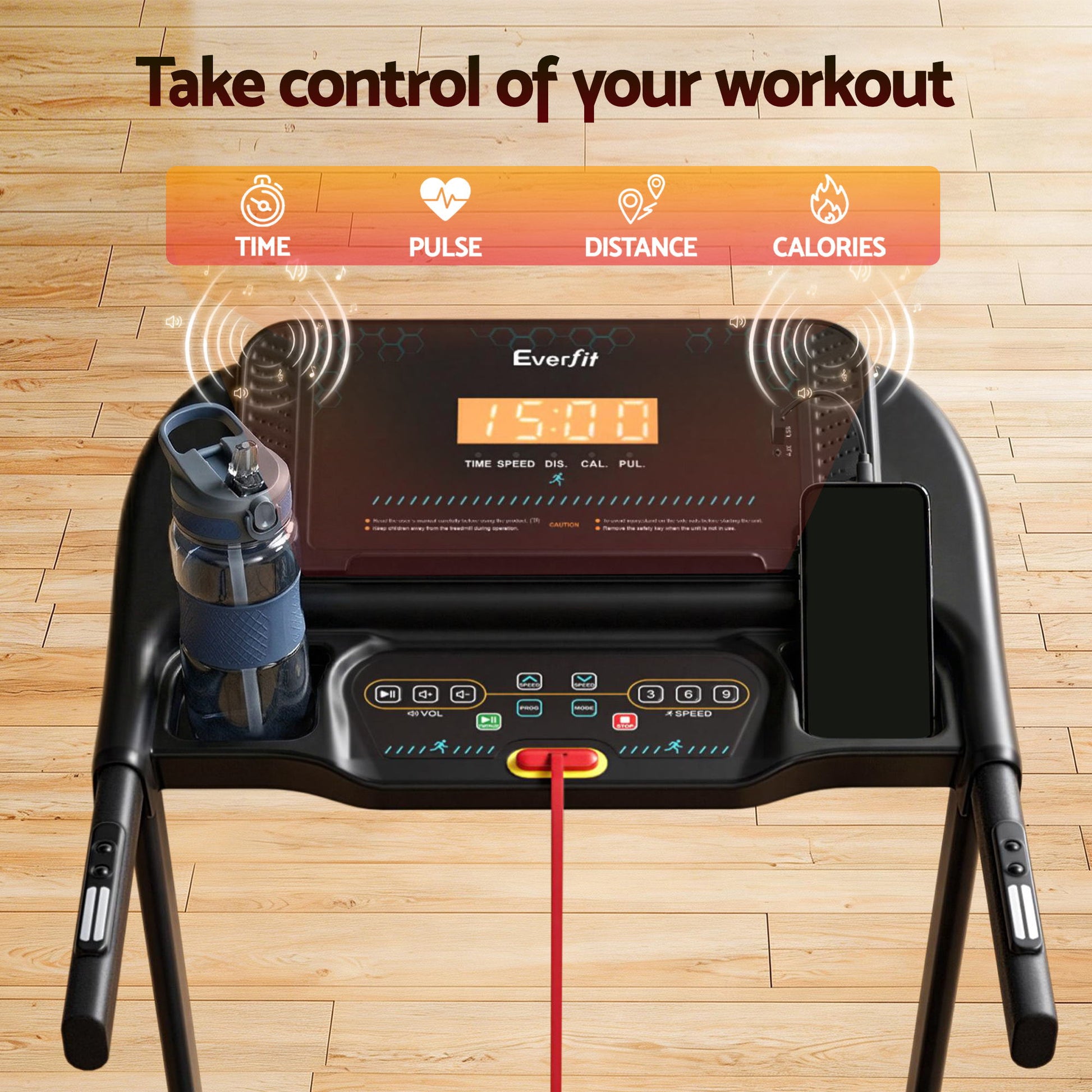 Electric Everfit treadmill by Hlpmedical for home gym workouts, featuring incline and 390mm deck for fitness exercises.