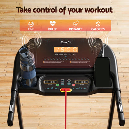 Electric Everfit treadmill by Hlpmedical for home gym workouts, featuring incline and 390mm deck for fitness exercises.